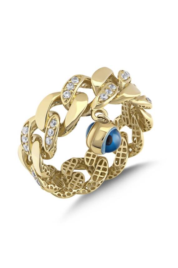 14 ayar Altın Nazar Boncuklu Gurmet Zincir Yüzük - 1